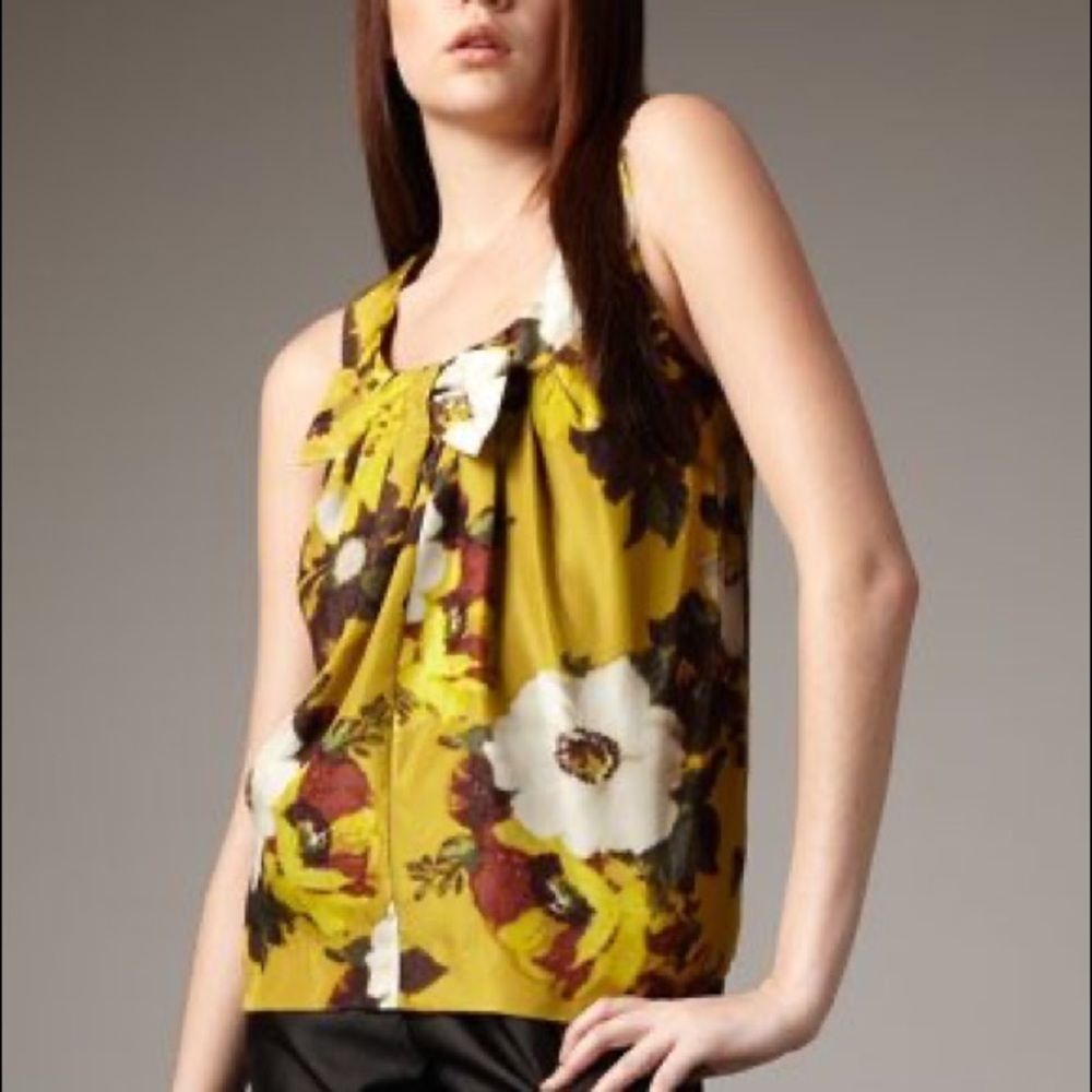 Kate Spade 100% Silk Bette Top, Bow, Mustard Yellow with Floral pattern, size XS